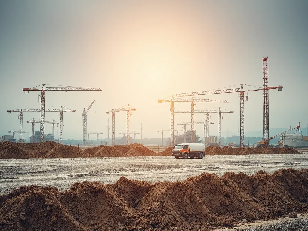 Construction site showing soil stabilization efforts with cranes and machinery.