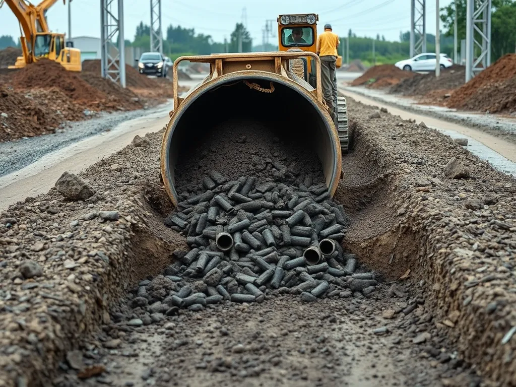 Construction equipment using soil stabilization agents for road improvement.