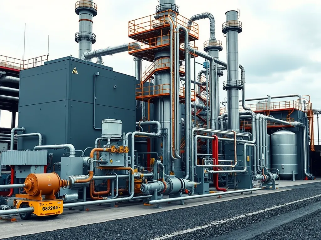 Industrial facility for solvent extraction of asphalt with pipelines and storage tanks