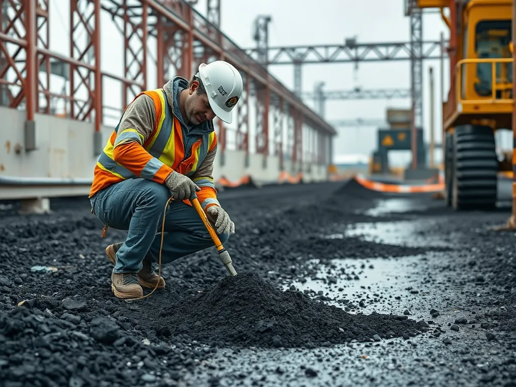 Worker using a tool to apply patching material on a road during maintenance