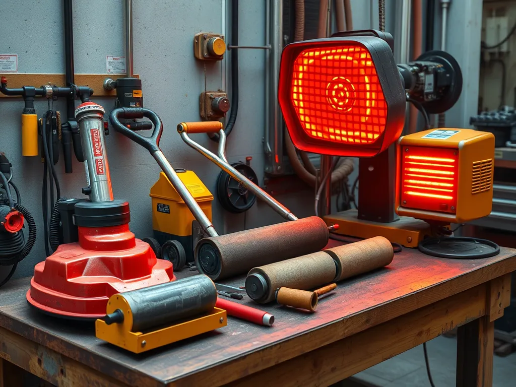 A selection of tools used for step-by-step patching guide including rollers and heating equipment.