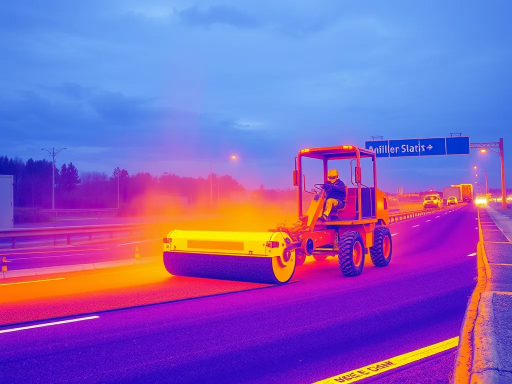Construction workers applying stone matrix asphalt on a busy highway.