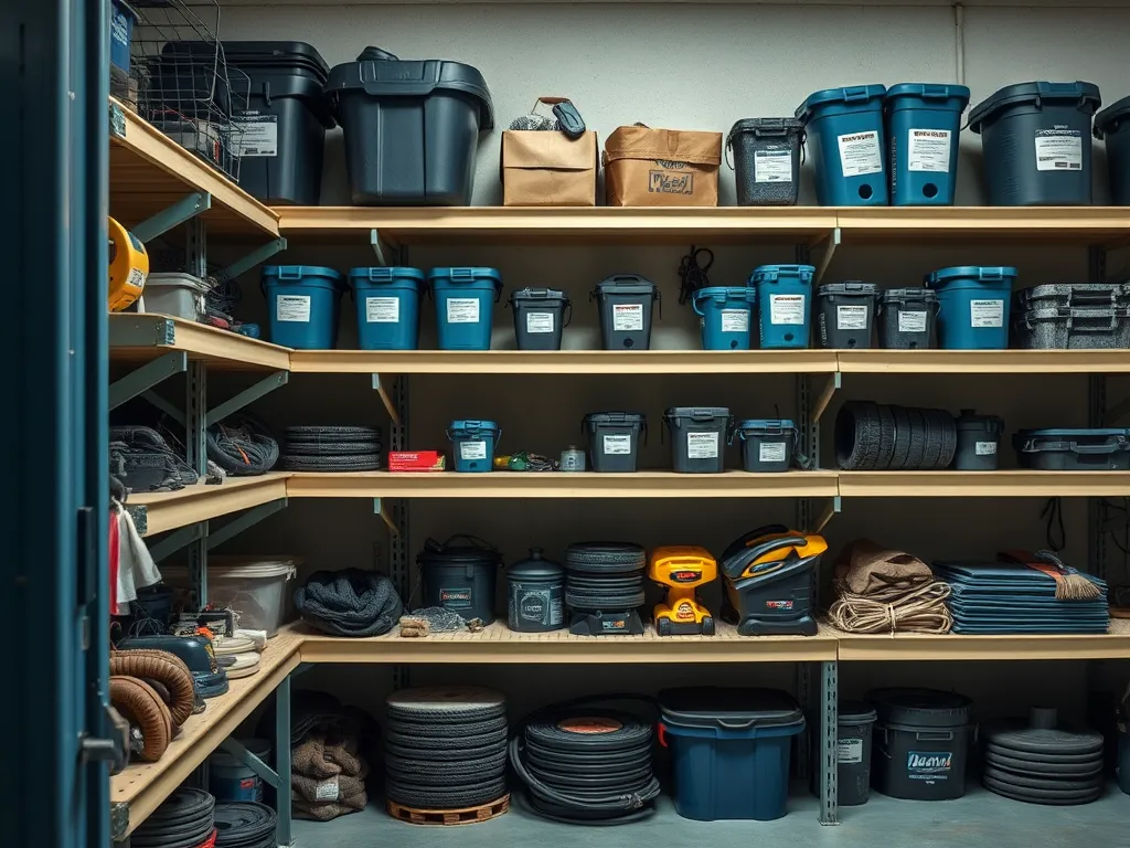 Organized storage for asphalt tools in a garage, showcasing proper storage techniques.