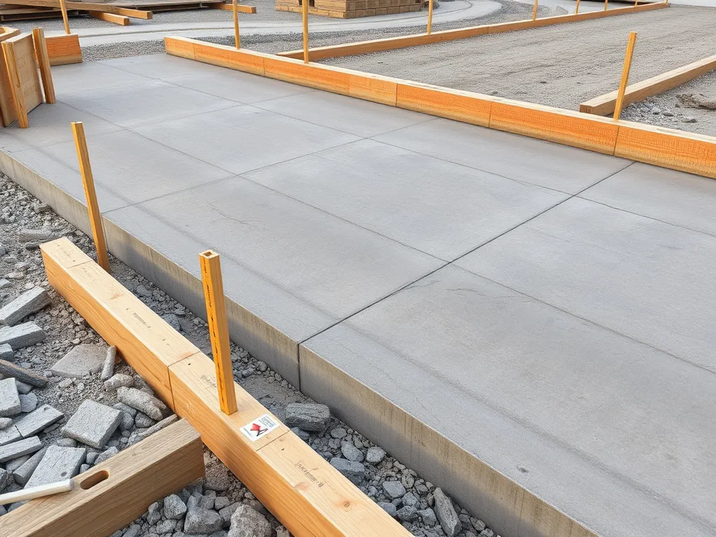 A well-defined concrete slab with strong edges and joints in a construction site.