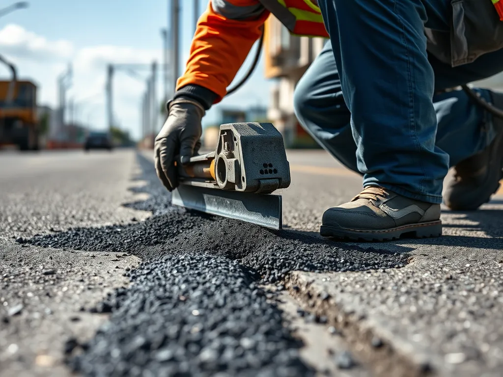 Worker applying asphalt to create strong edges and joints on a road.