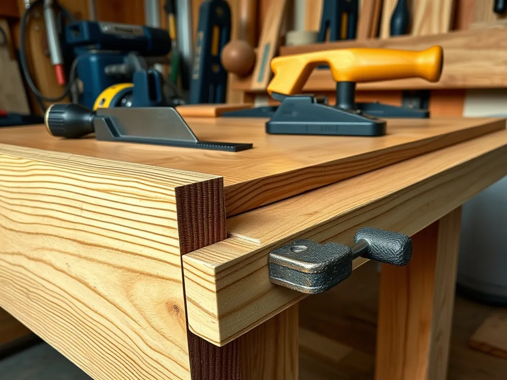 Close-up of a woodwork bench showcasing strong edges and joints with tools for woodworking