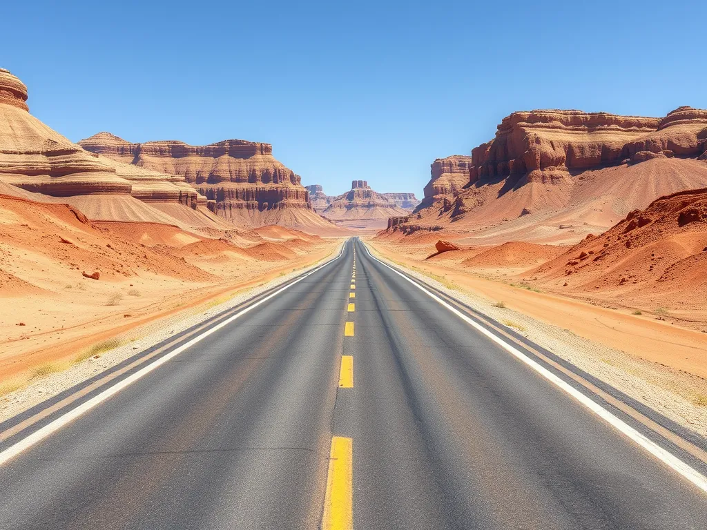 A clear asphalt road cutting through desert landscapes, illustrating the impact of subgrade conditions on asphalt requirements.