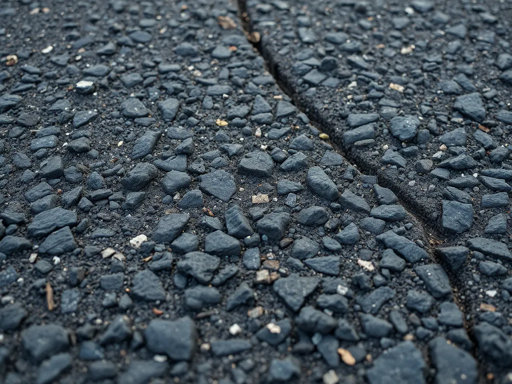 Close-up view of asphalt surface showing texture and cracks, relevant for surface integrity assessment.