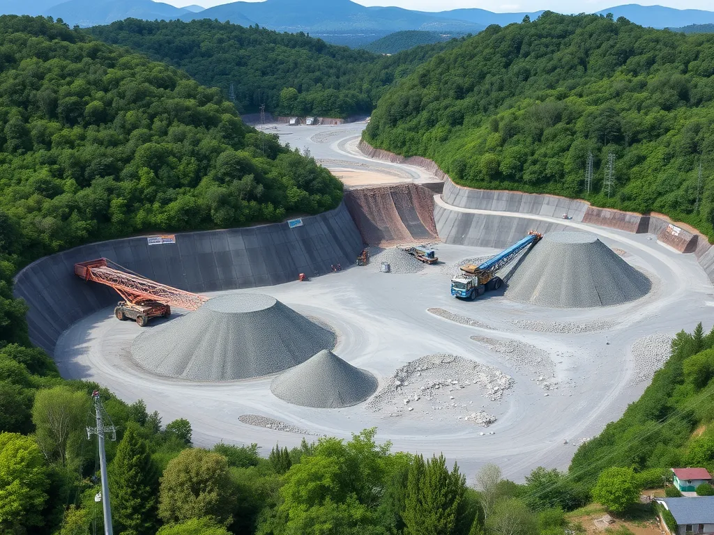 Aerial view of sustainable aggregate mining with hills and machinery surrounded by greenery.