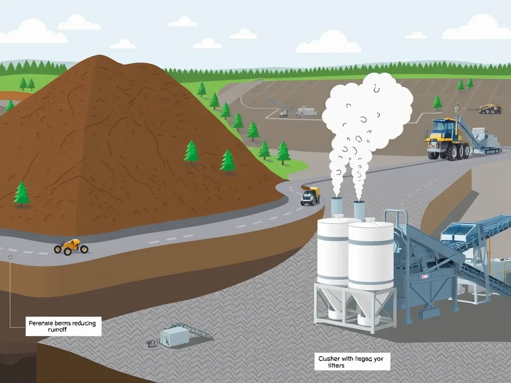 Illustration of sustainable practices in aggregate mining, showcasing pollution control measures and effective runoff management.