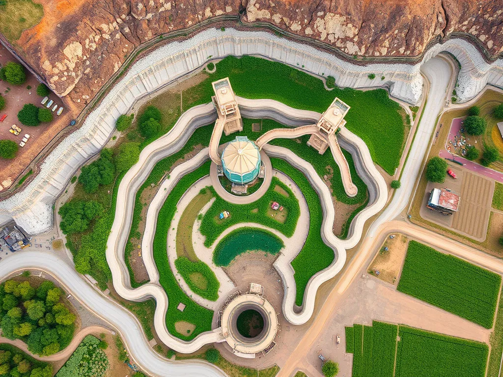 Aerial view of sustainable aggregate mining site showcasing green rehabilitation efforts and efficient land use.