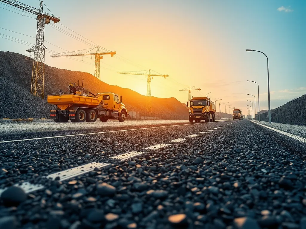 Trucks on a road with sustainable asphalt, showcasing eco-friendly construction practices in an industrial setting.