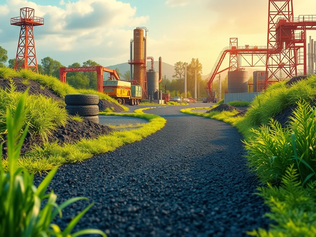 Sustainable asphalt engineering site with modern machinery and green surroundings.
