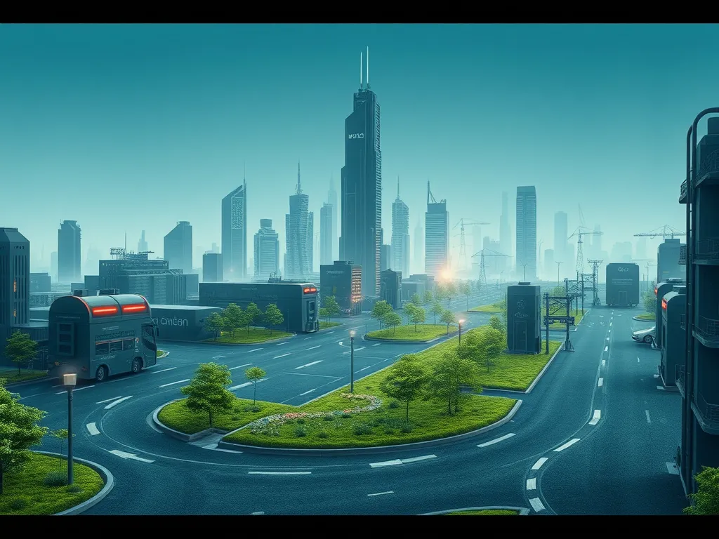 A futuristic cityscape showcasing sustainable asphalt engineering trends in urban development.