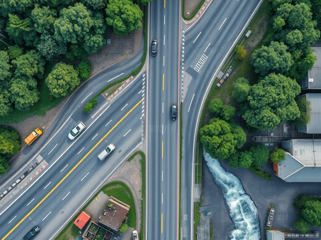 Aerial view of roads surrounded by greenery, highlighting the sustainable practices in asphalt development.