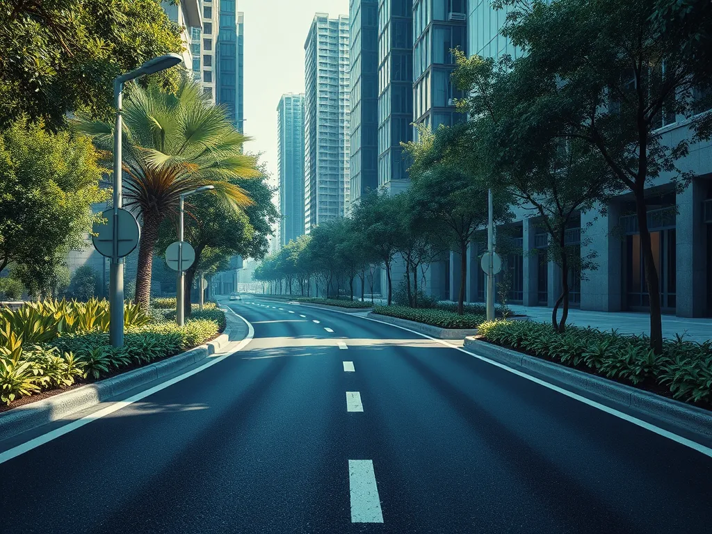 A modern urban road with sustainable asphalt surrounded by greenery, highlighting the future of asphalt sustainability.