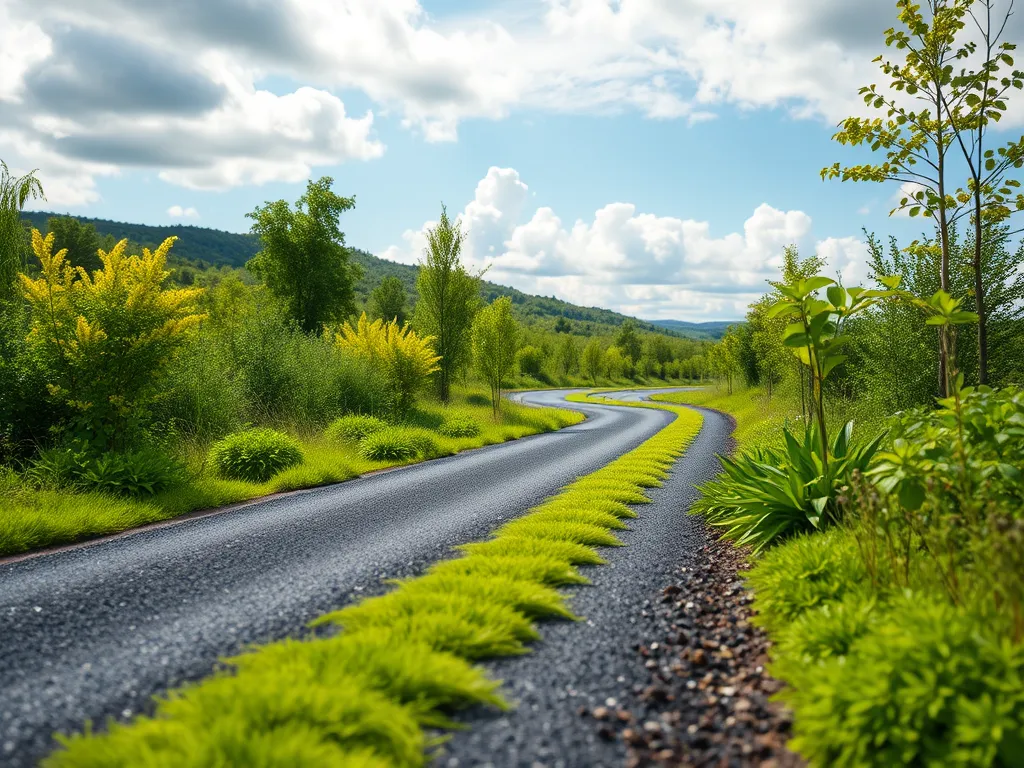 A winding asphalt road surrounded by greenery, illustrating sustainable infrastructure using asphalt.