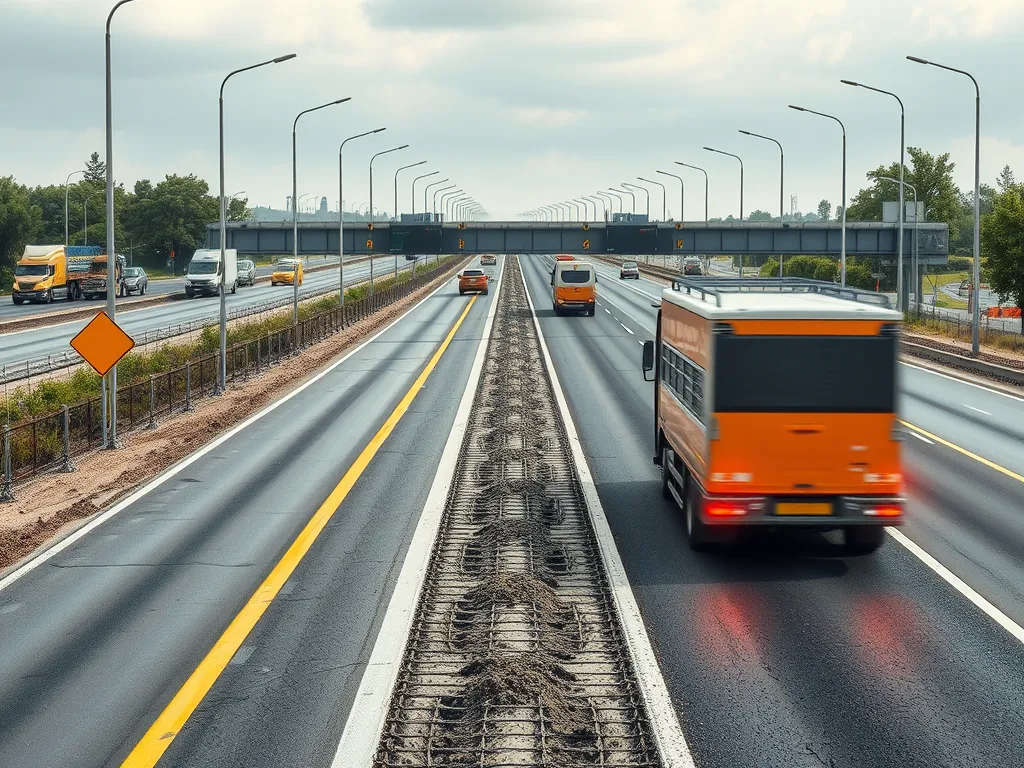 Highway featuring sustainable asphalt technology with vehicles in motion.