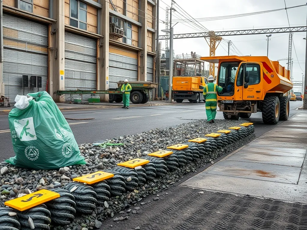 Construction workers using sustainable materials in asphalt mixes for eco-friendly road building.