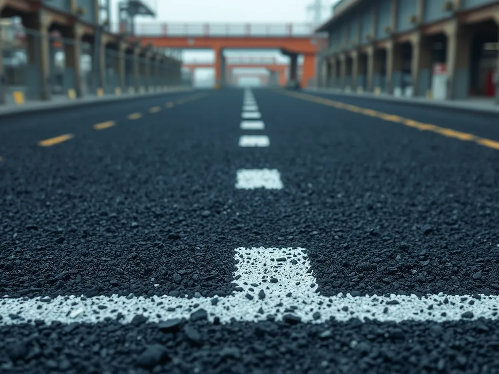 Close-up view of sustainable asphalt material with road markings, showcasing innovations in eco-friendly pavement.