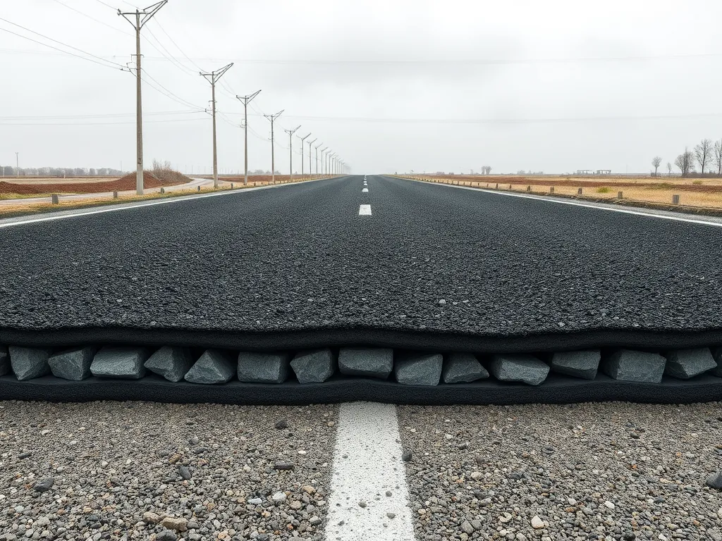 Sustainable materials in asphalt mixes showing a close-up of different layers, highlighting the eco-friendly aspect.