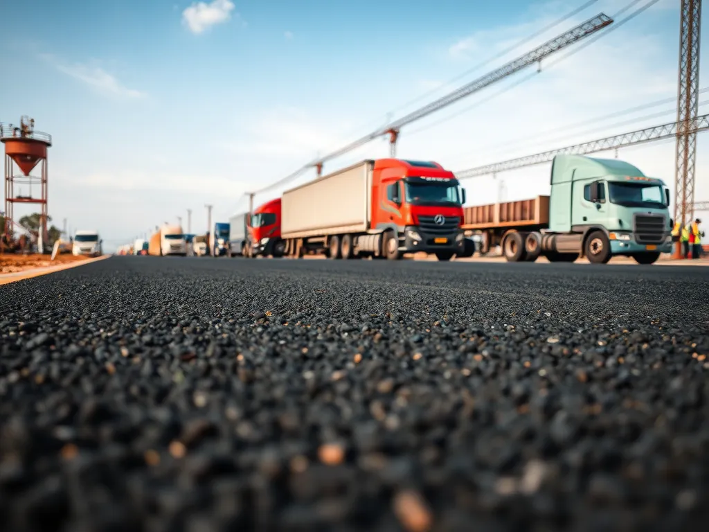 Trucks on a newly paved asphalt road showcasing the application of sustainable asphalt technologies.
