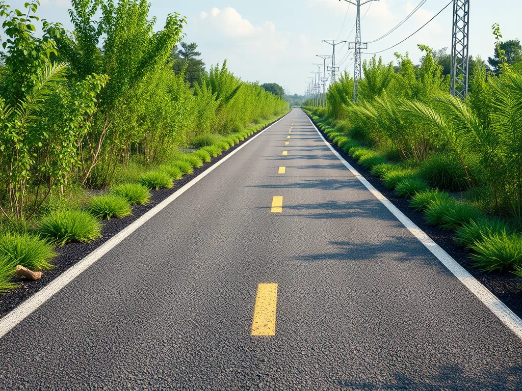 Eco-friendly asphalt road surrounded by greenery, showcasing sustainable asphalt practices.