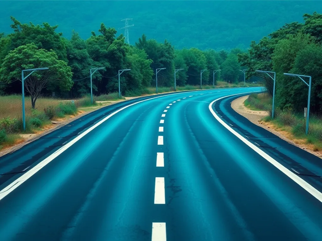 A winding road showcasing sustainable asphalt practices, surrounded by greenery.