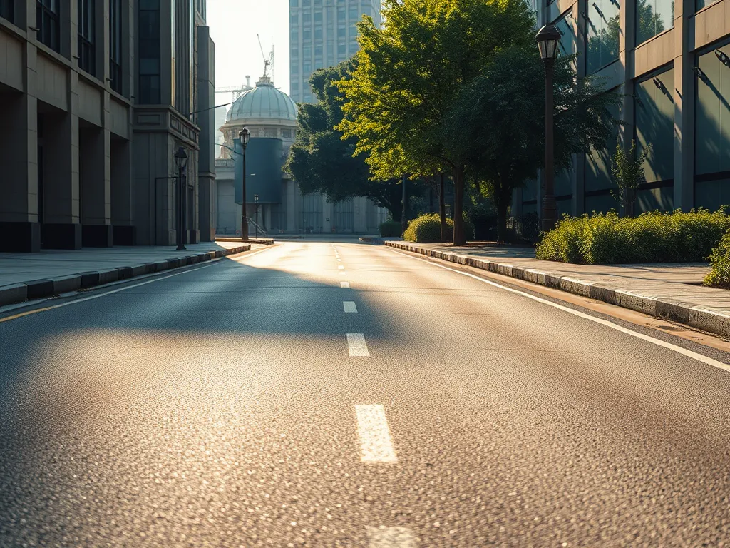 A sunlit urban road showcasing sustainable asphalt practices with greenery
