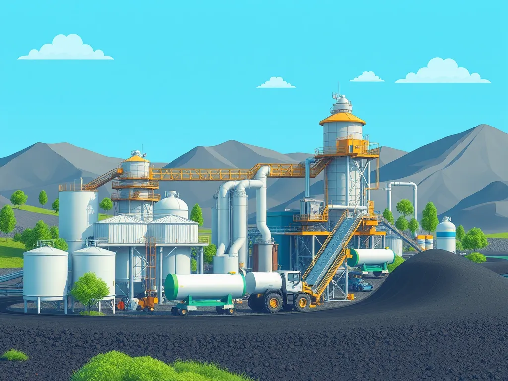 An illustration of a sustainable asphalt production facility with green technology.