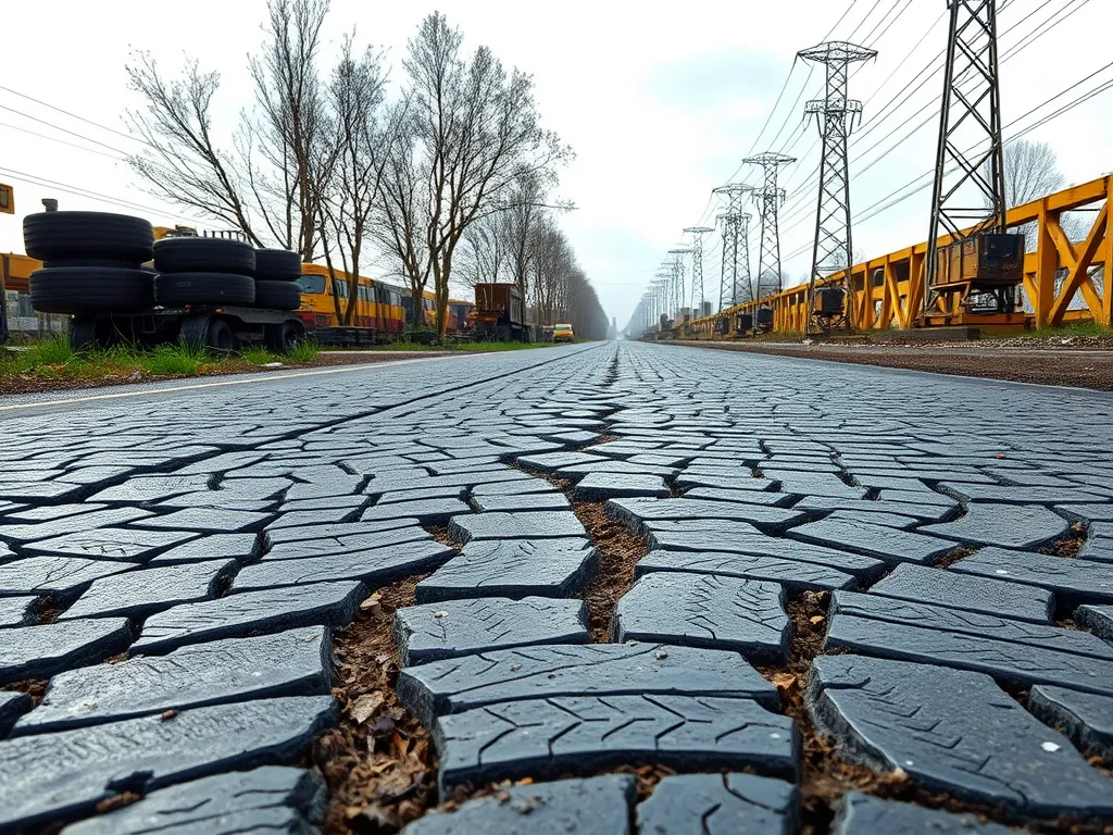 Cracked asphalt surface showcasing sustainable production methods in road construction.