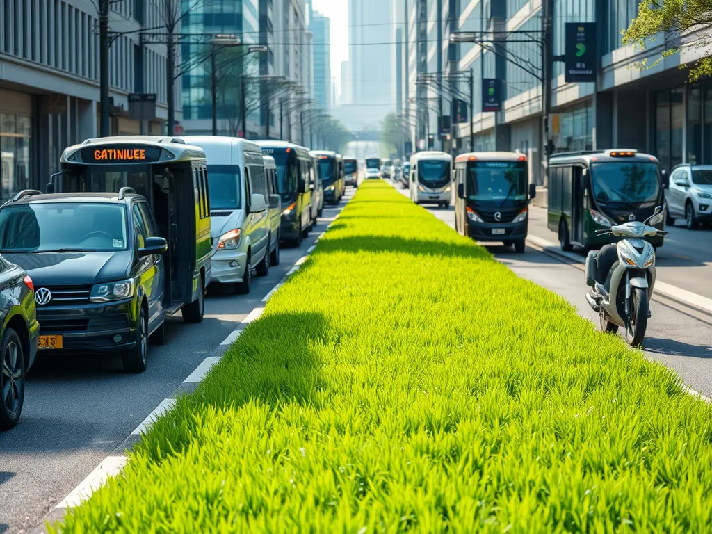 A busy urban street showcasing vehicles alongside a green median, representing sustainable asphalt solutions.