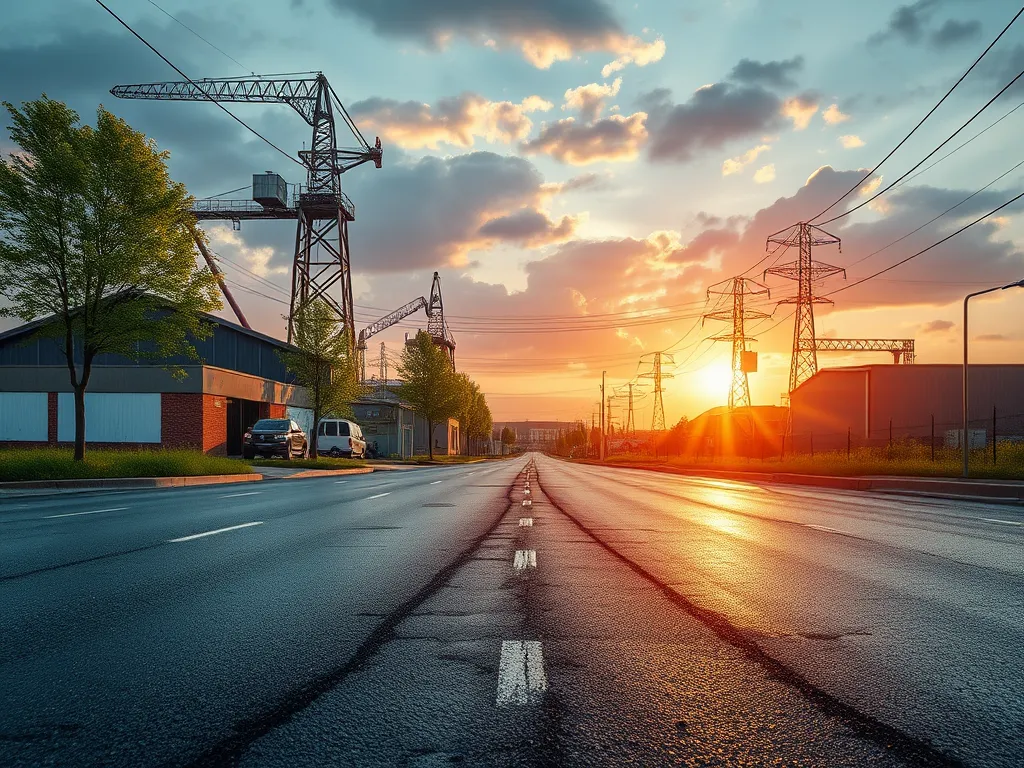 A scenic view of a road demonstrating sustainable asphalt with power lines and buildings in the background.