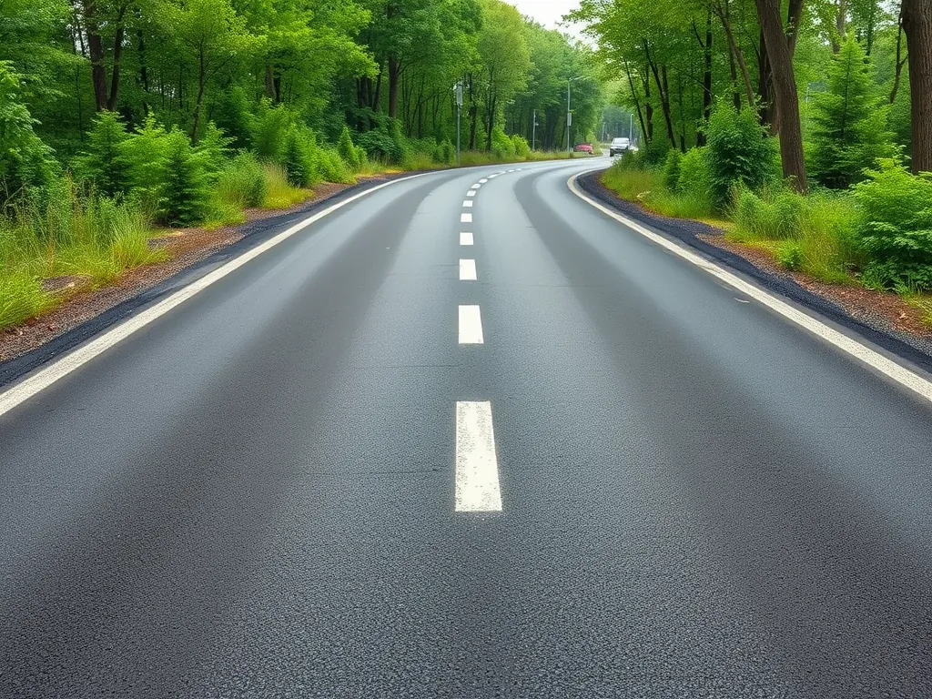 A well-maintained road made of sustainable asphalt surrounded by greenery, representing the public perception of eco-friendly infrastructure.