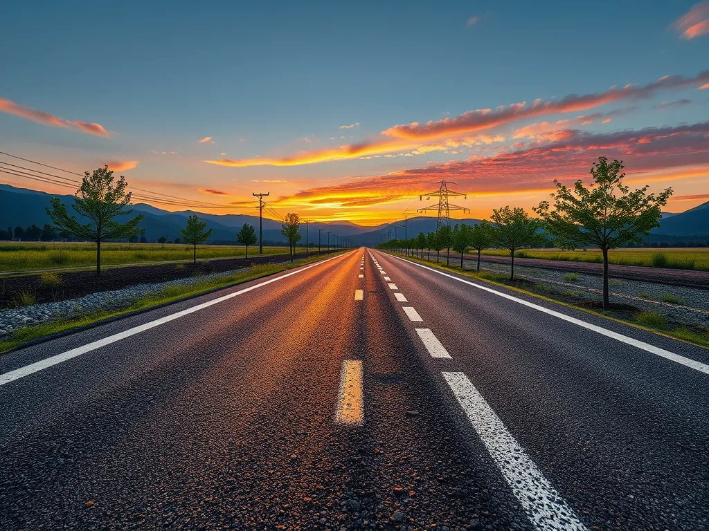 Sunset over a well-maintained asphalt road highlighting sustainable asphalt supply chains