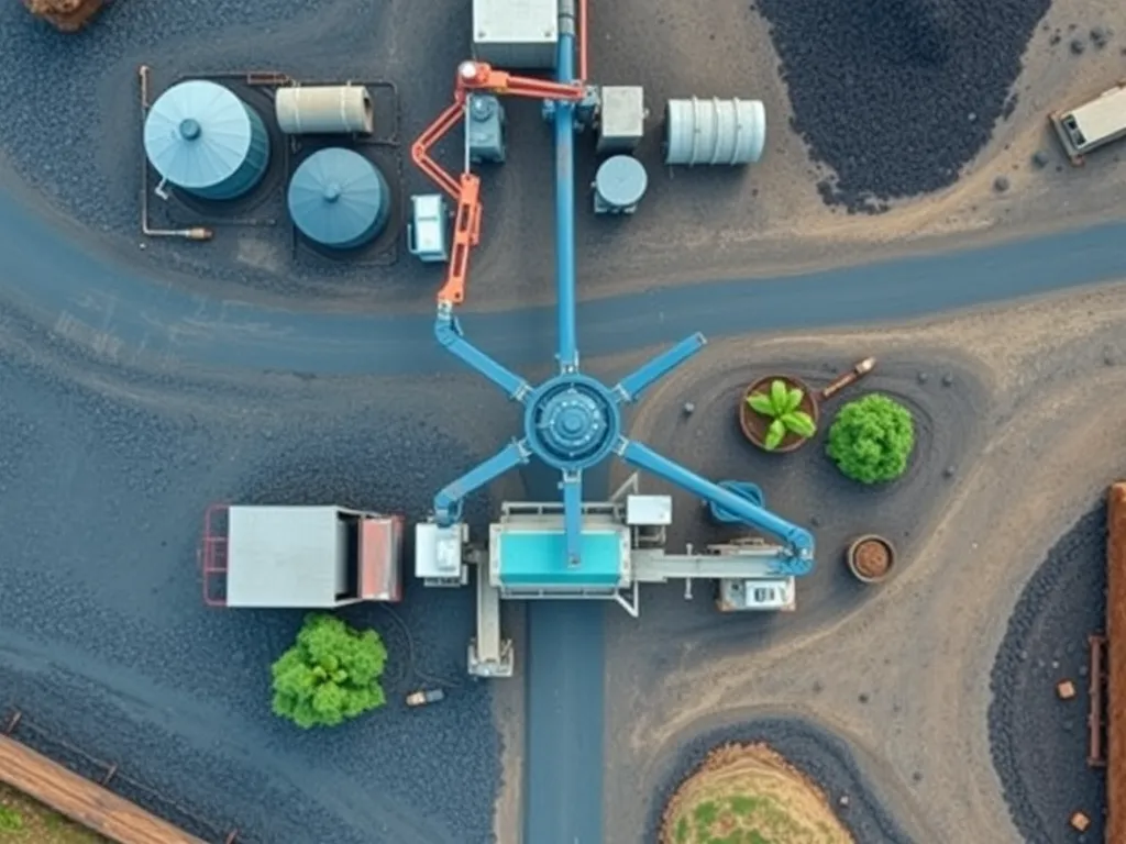 Aerial view of a sustainable asphalt supply chain facility with machinery and materials.