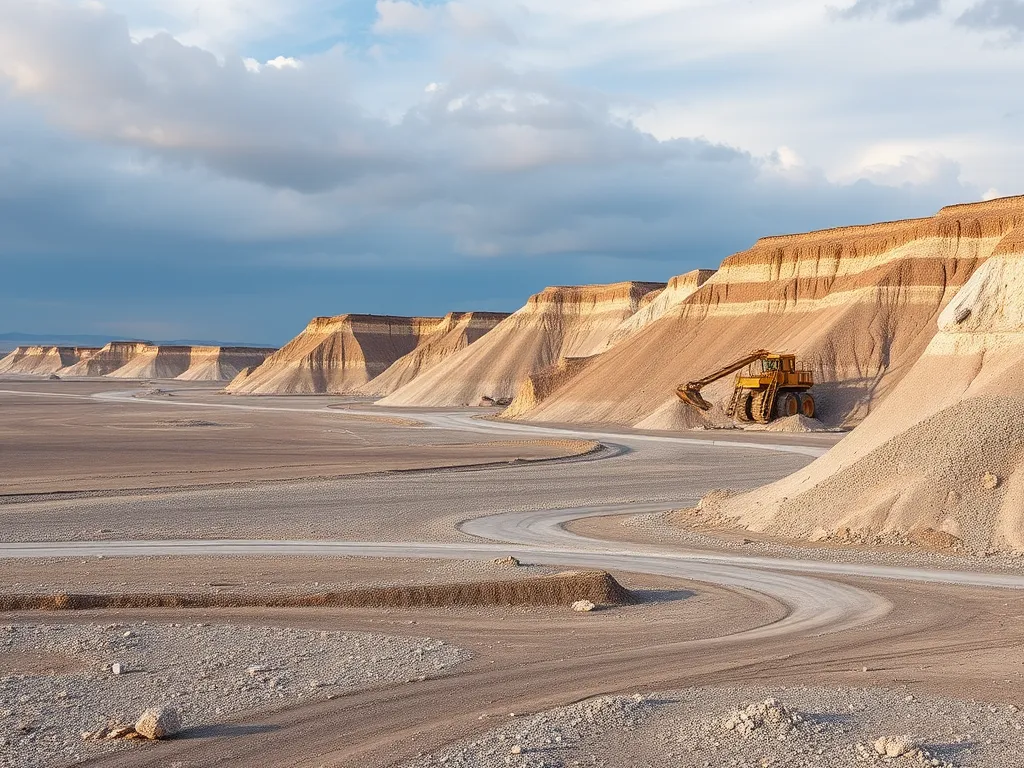 Excavator working on sustainable asphalt supply chain in a quarry landscape