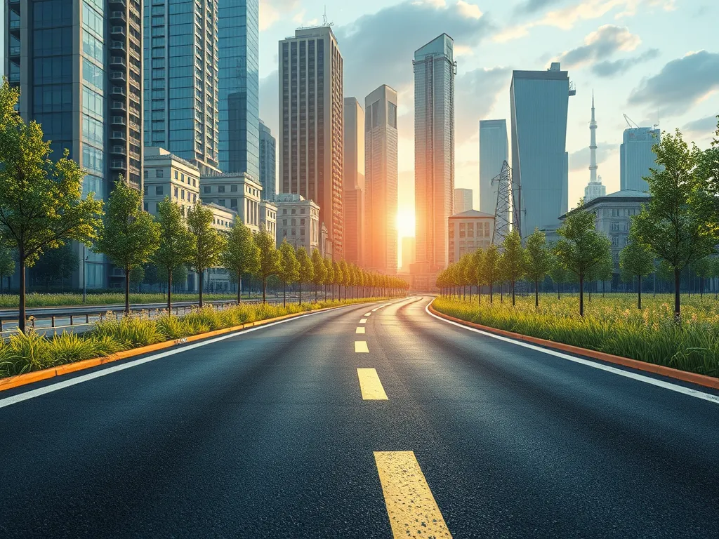 A modern city road with sustainable asphalt technologies under a sunset, highlighting innovations in eco-friendly paving.