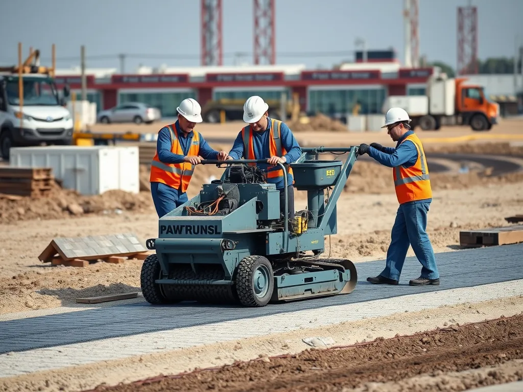 Workers collaborating effectively while using a paver machine in a construction site.