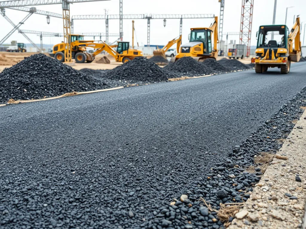 Construction site showing bitumen application demonstrating temperature resistance in road surfaces