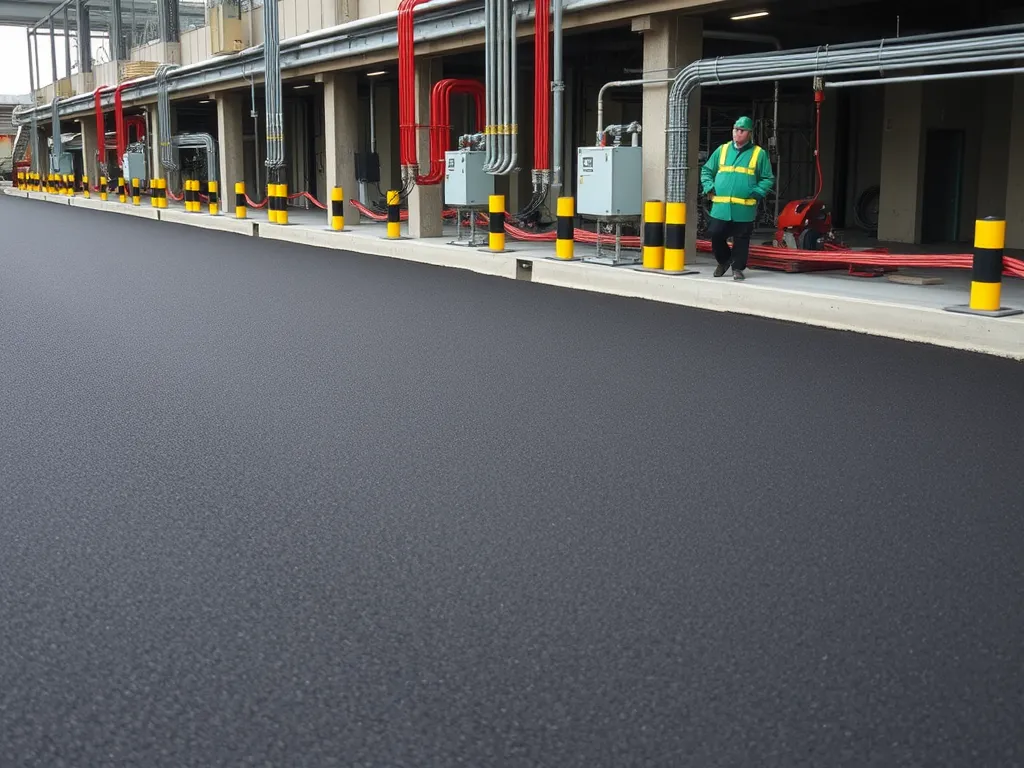 A worker inspecting a newly laid bitumen surface, demonstrating temperature resistance in bitumen applications.