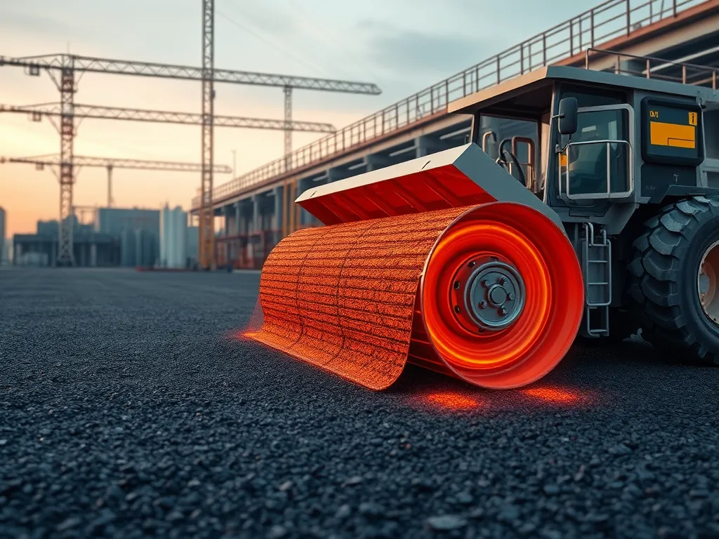 A heavy roller machine paving hot asphalt at sunrise, highlighting the importance of temperature in asphalt performance.