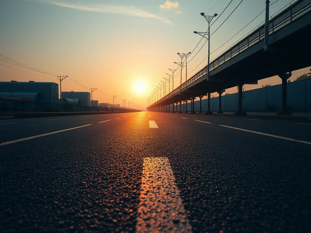 Asphalt road at sunset, illustrating the performance of pavement under varying temperatures.