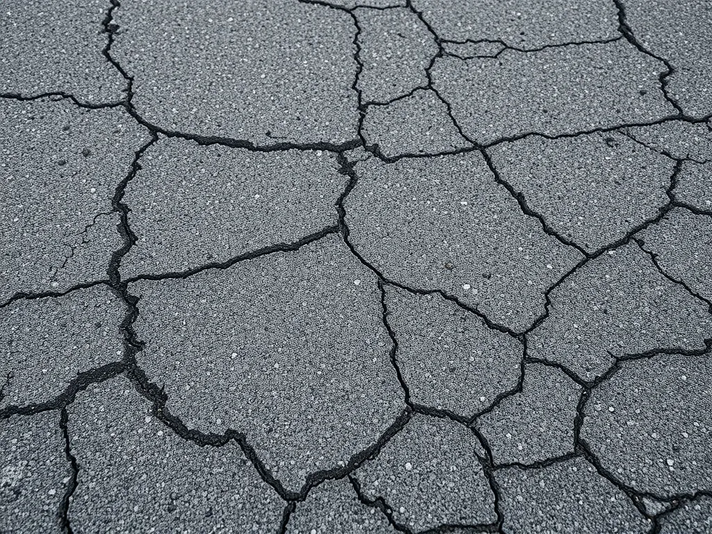Cracked asphalt surface illustrating the effects of temperature on asphalt application.