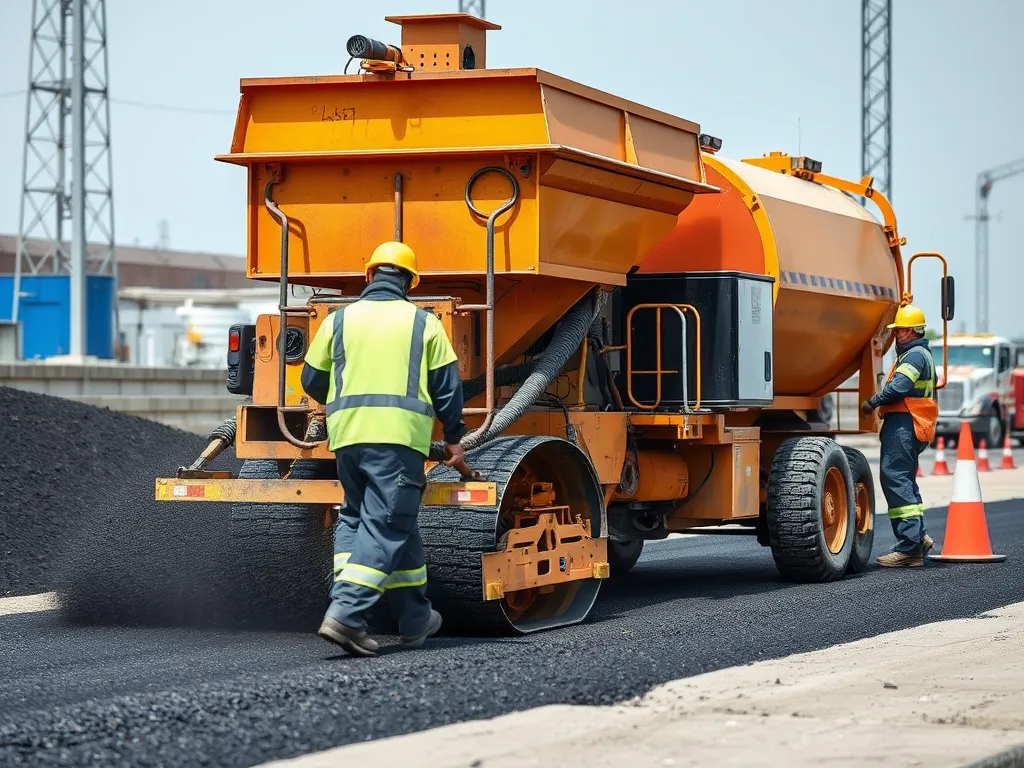 Workers operating an asphalt mixing machine, illustrating the effects of temperature on asphalt quality.