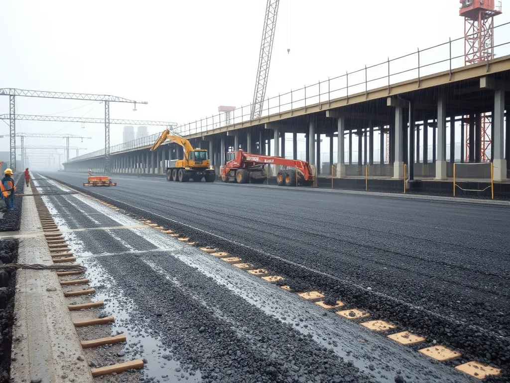 Construction workers and machinery performing temperature monitoring during asphalt curing process.