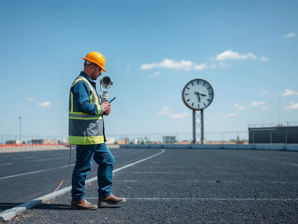Construction worker manages time for asphalt curing with a clock in the background, emphasizing effective time management.