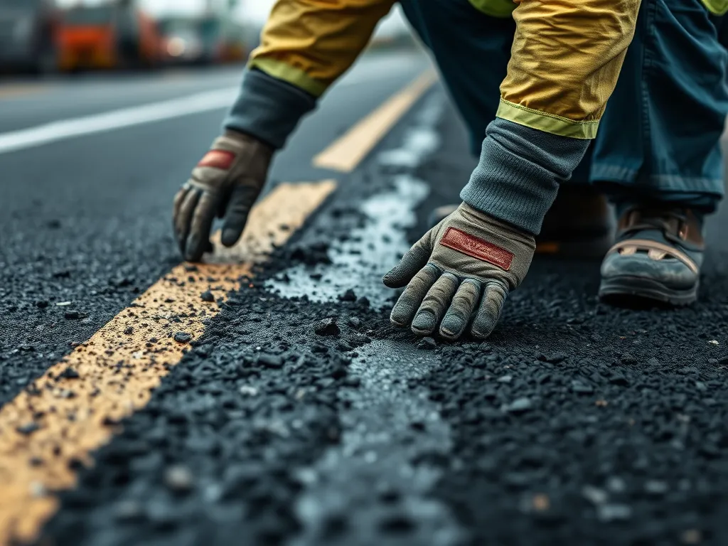 Worker performing timely asphalt repairs on a road surface to prevent damage.