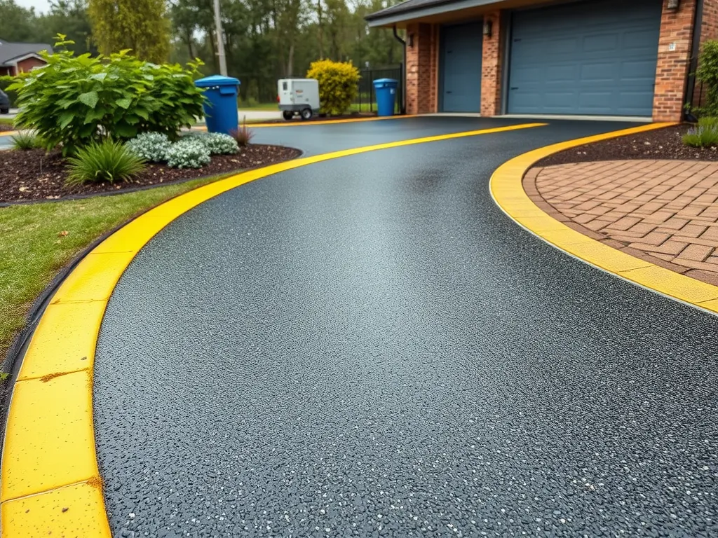 Freshly sealcoated driveway showcasing the advantages of timely sealcoating for asphalt durability.