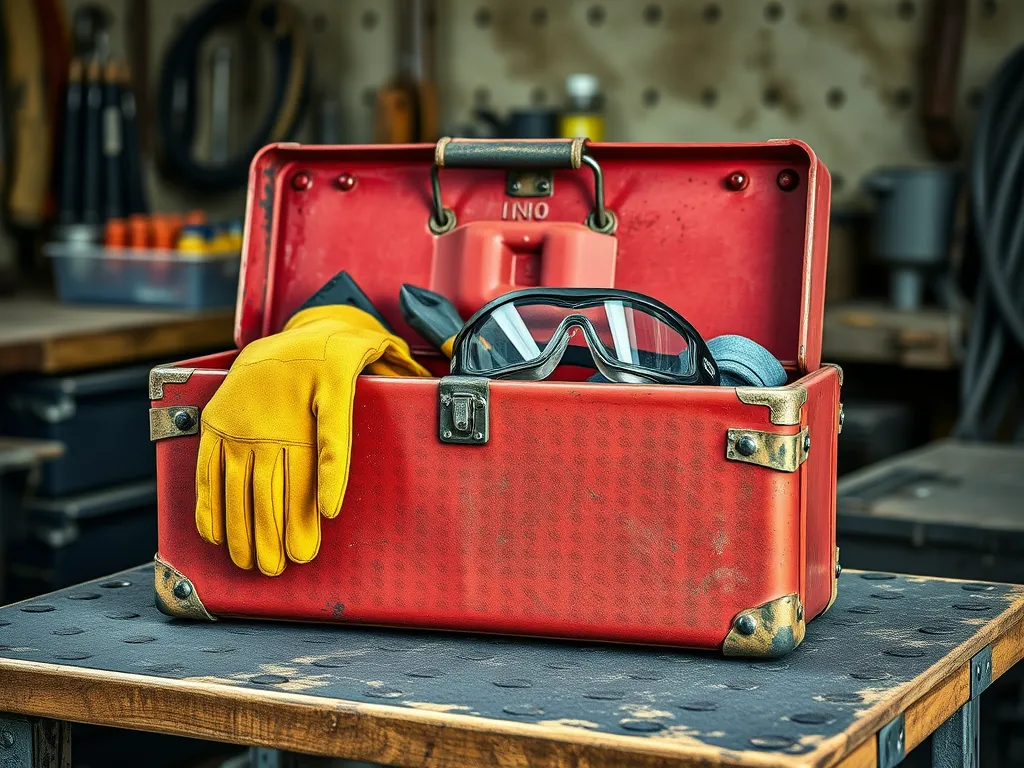 A red toolbox containing gloves, goggles, and tools for fixing potholes in an asphalt driveway.
